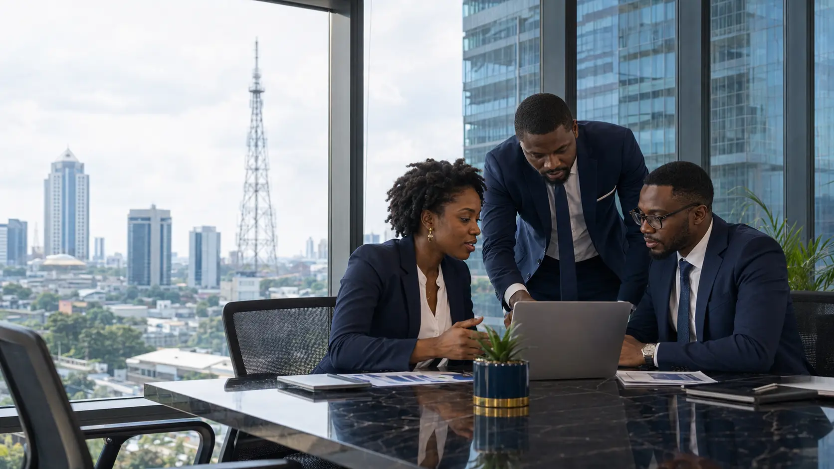 African business professionals collaborating in a modern office